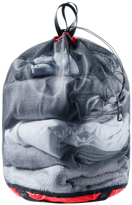 Deuter Mesh Sack 5 in Cherry Black, black mesh bag with red base, packed with folded clothes