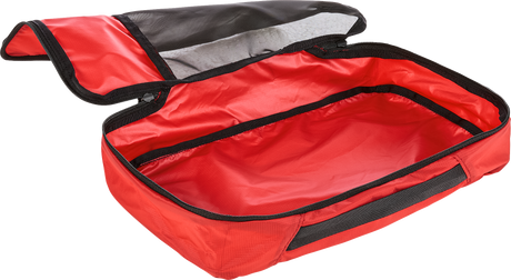 Deuter Mesh Zip Pack 3 in Cherry opened fully on its zip-around closure, empty