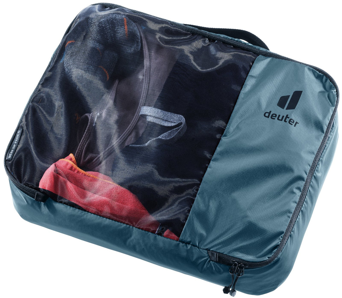 Deuter Mesh Zip Pack 5 in Atlantic blue, packed with folded clothes visible through the mesh top