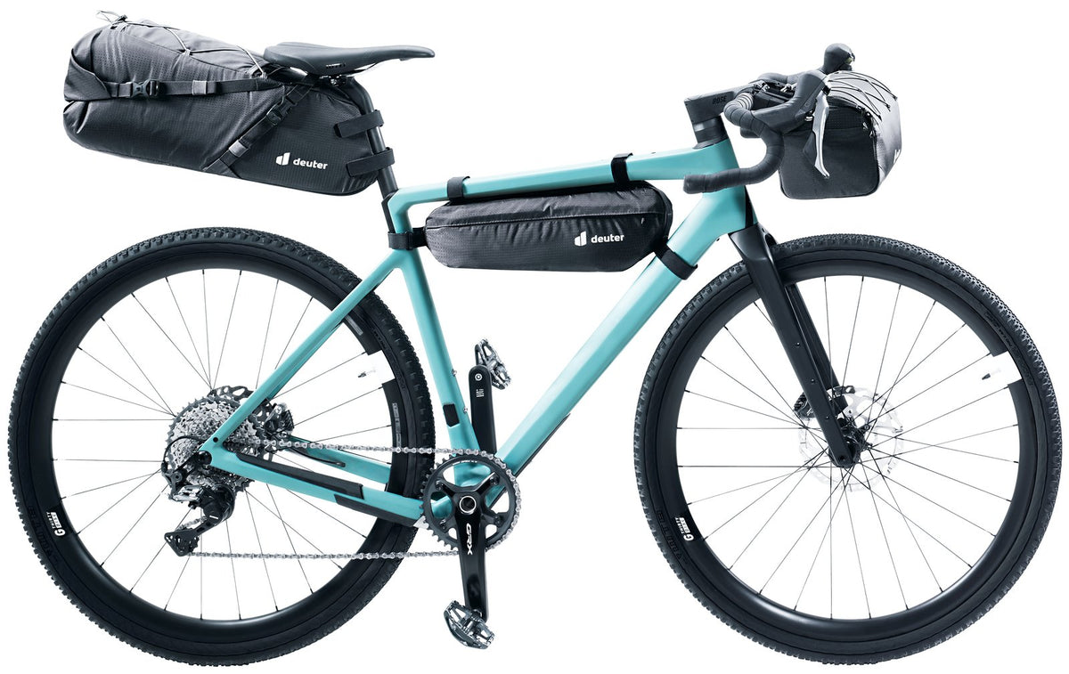 Deuter Mondego FB 4 in the frame of a teal gravel bike set up for bikepacking