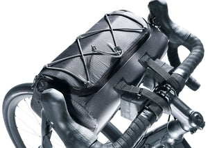 Close-up of the Deuter Mondego HB 8 strapped to drop handlebars with its hook-and-loop straps