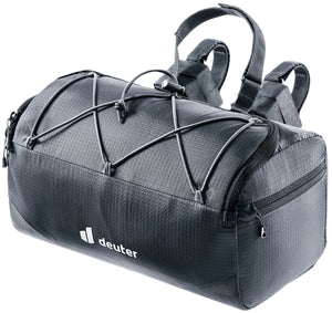 Deuter Mondego HB 8 handlebar bag in Black with the bungee cord across the top and mounting straps