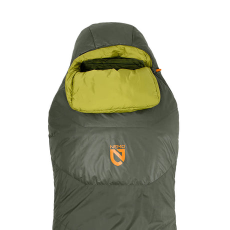 Nemo Tempo men's sleeping bag in Boreal olive with Birch Bud yellow-green hood lining
