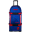 OGIO Rig 9800 wheeled gear bag in DNGR Deep Blue/Red, front three-quarter view with handle extended