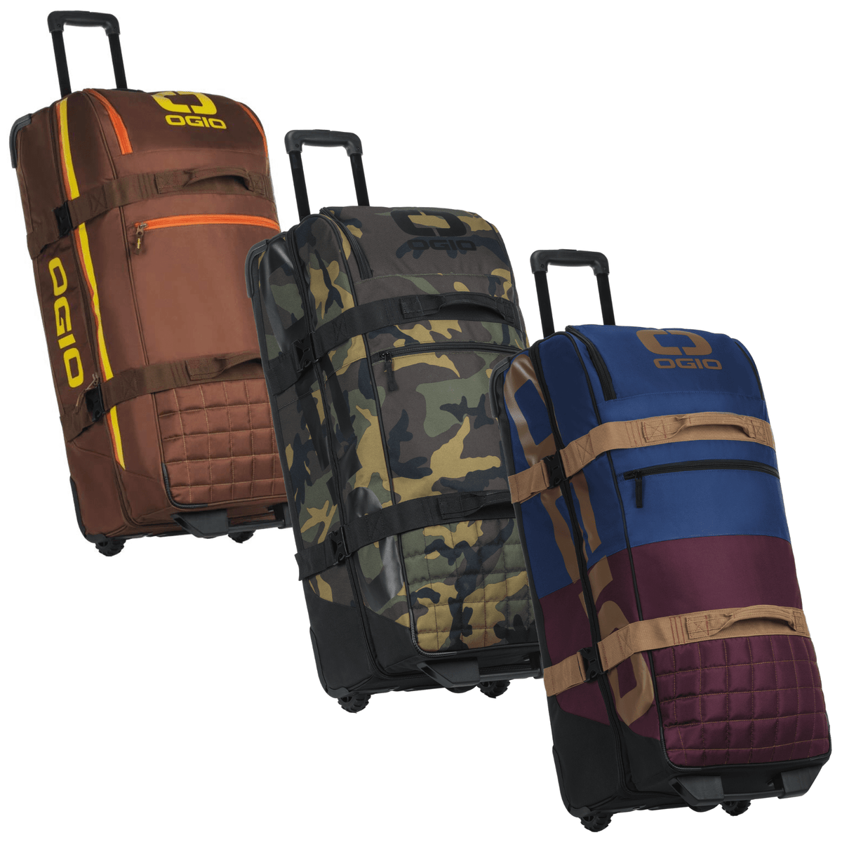 Three OGIO Trucker Gear Bags side by side in Stay Classy brown, Woody camo and Burgundy/Navy