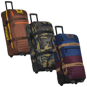 Three OGIO Trucker Gear Bags side by side in Stay Classy brown, Woody camo and Burgundy/Navy