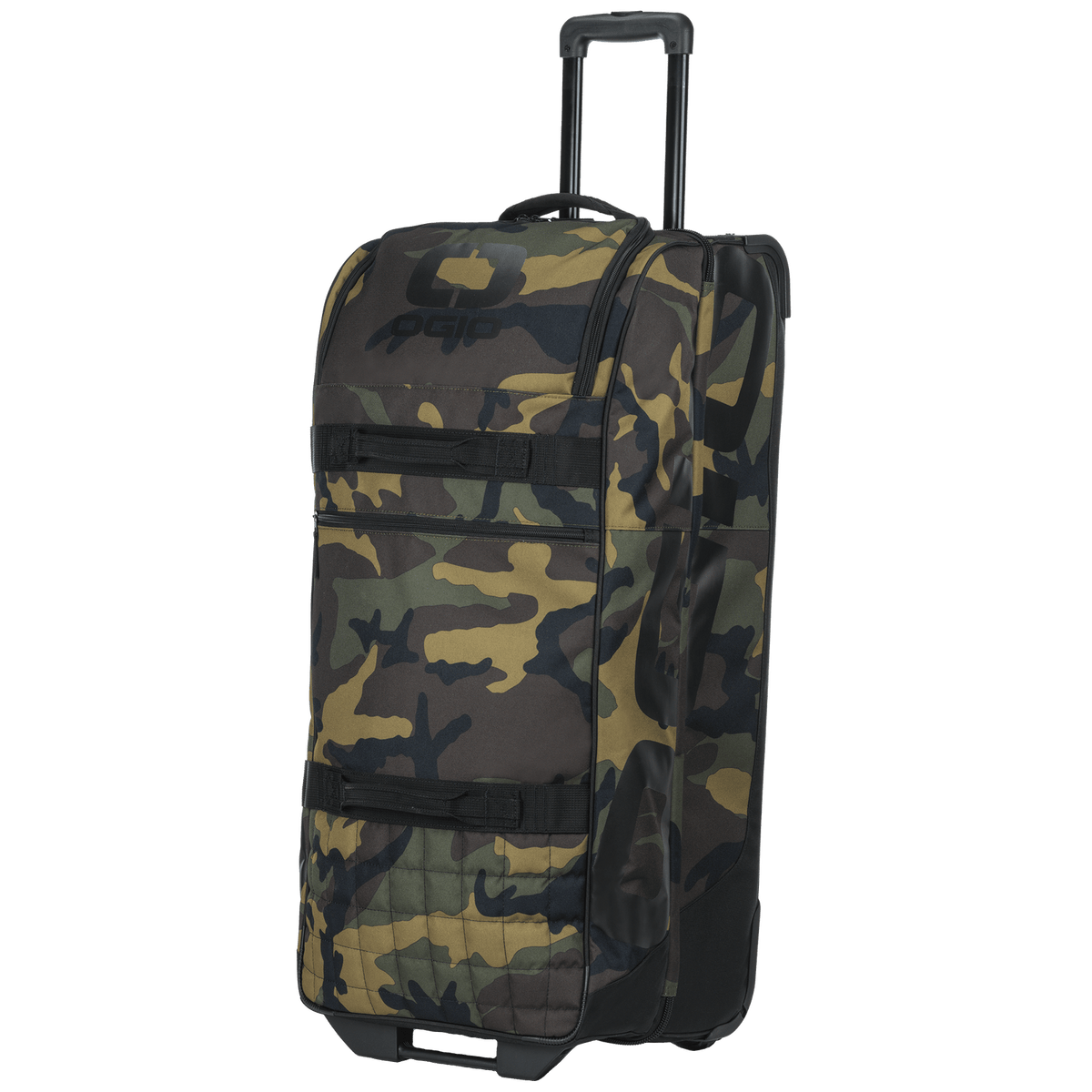 OGIO Trucker in Woody camo from the front, quilted lower panel and black straps