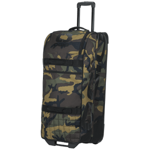 OGIO Trucker in Woody camo from the front, quilted lower panel and black straps