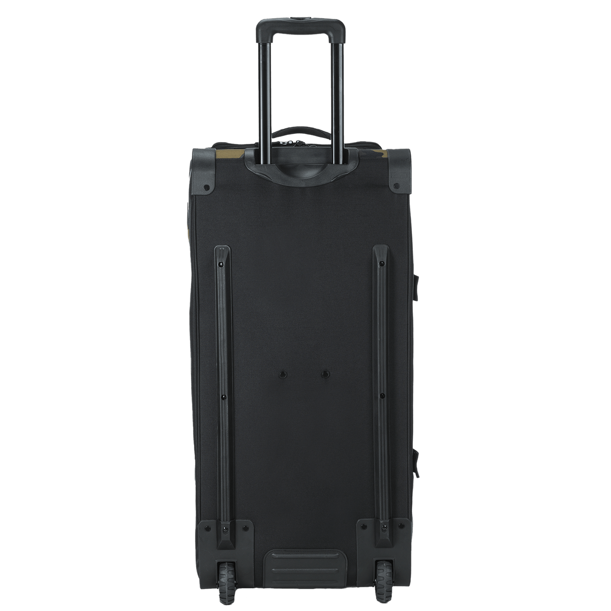 Back of the OGIO Trucker in Woody camo, black rear panel with rails and wheels