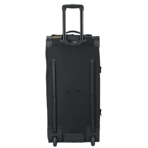 Back of the OGIO Trucker in Woody camo, black rear panel with rails and wheels