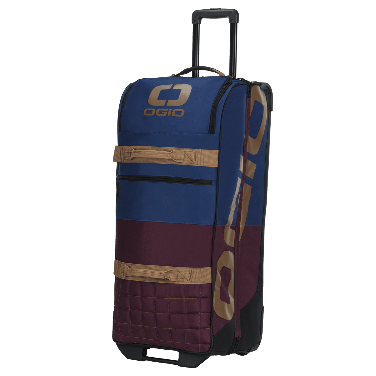 OGIO Trucker in Burgundy/Navy from the front right, tan OGIO lettering on the side