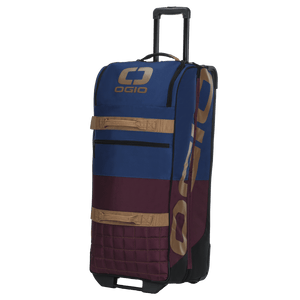 OGIO Trucker in Burgundy/Navy from the front right, tan OGIO lettering on the side