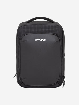Orca Casual Backpack in black, front view with the moulded front panel and Orca logo