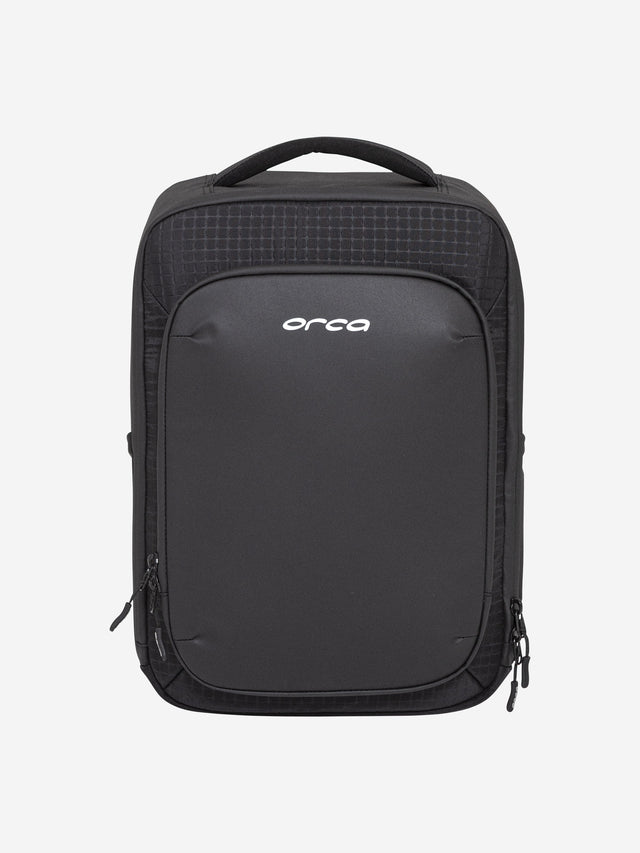 Orca Casual Backpack in black, front view with the moulded front panel and Orca logo