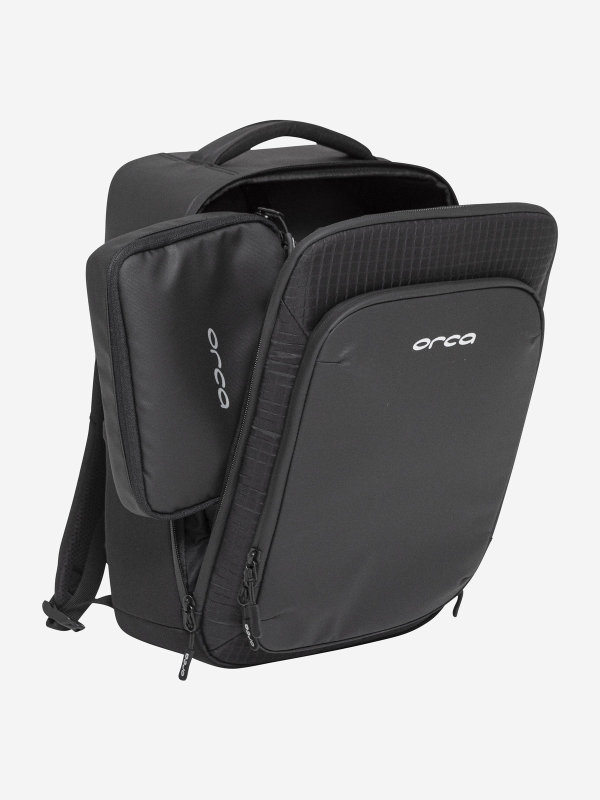 Orca Casual Backpack with the front compartment unzipped and folded open
