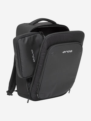 Orca Casual Backpack with the front compartment unzipped and folded open