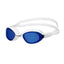 Orca Killa 180º swimming goggles with blue lenses and white frame, angled front view