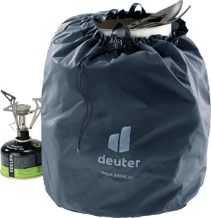 Deuter Pack Sack 18 holding a camp pot, with a canister stove standing beside it