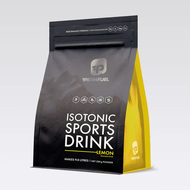 Peakfuel Isotonic Sports Drink 520 g pouch, Lemon flavour, black with a yellow side panel
