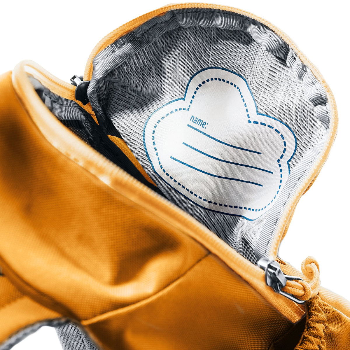 Deuter Pico unzipped, showing the name label inside the front panel
