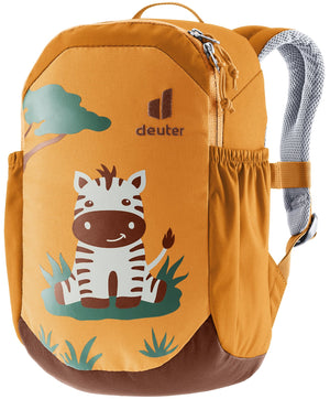 Deuter Pico toddler backpack in Amber Maple with a zebra and tree print on the front