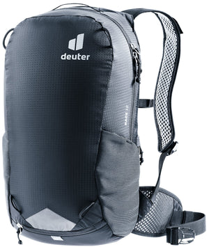 Deuter Race 12 bike backpack in Black, front three-quarter view with reflective patch
