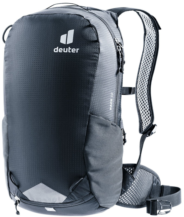 Deuter Race 12 bike backpack in Black, front three-quarter view with reflective patch