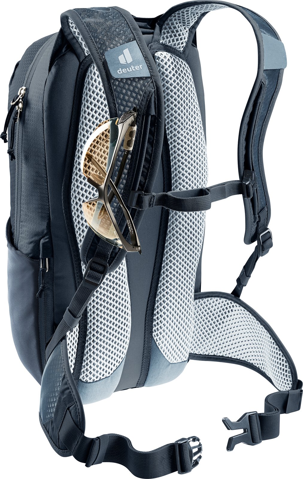 Sunglasses held in the glasses stow on the Deuter Race 12 shoulder strap
