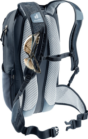 Sunglasses held in the glasses stow on the Deuter Race 12 shoulder strap