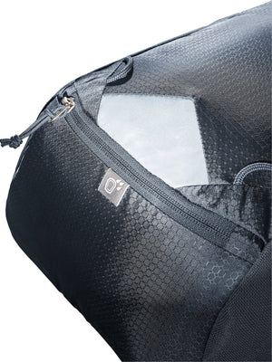 Close-up of the reflective patch and zip on the Deuter Race 12