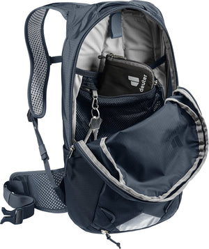 Deuter Race 12 unzipped, showing the inner valuables pocket holding a wallet