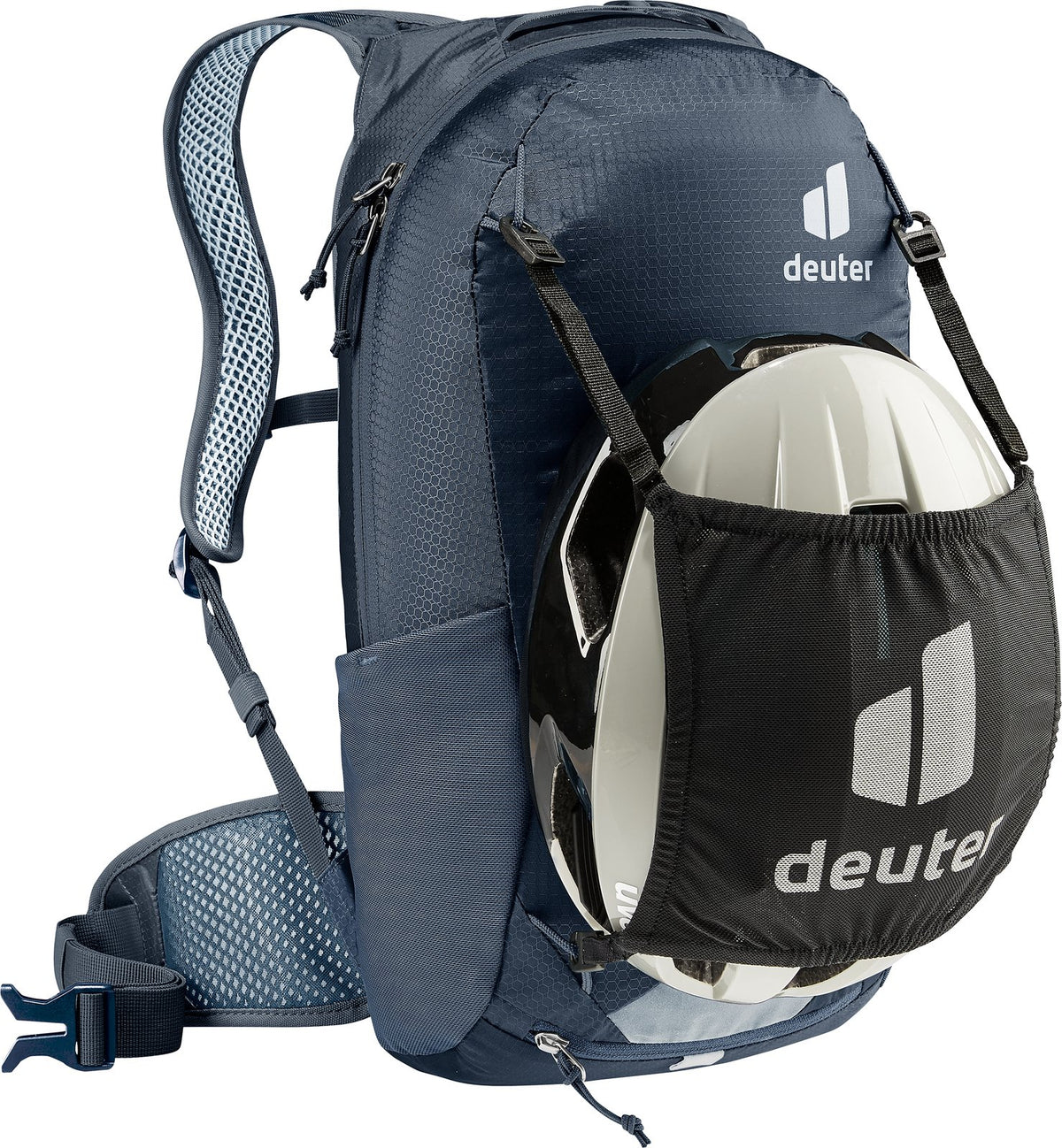 Deuter Race 12 carrying a bike helmet in a Deuter mesh helmet holder, sold separately