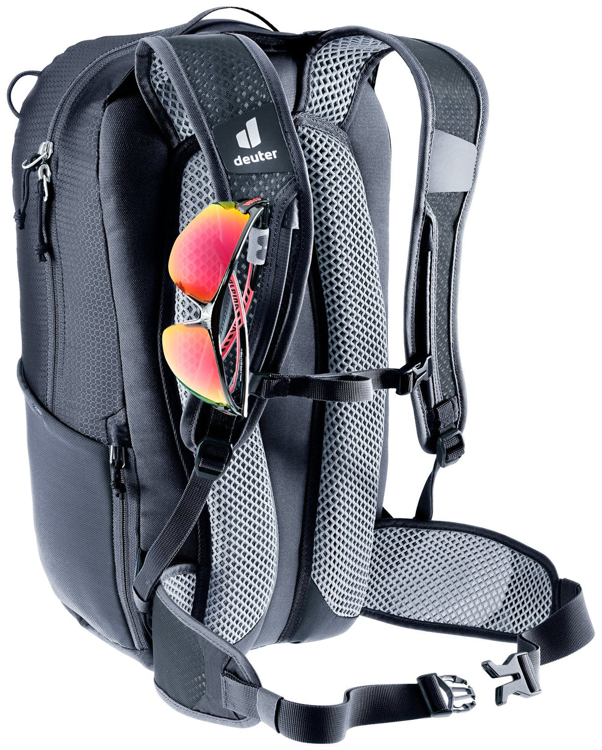 Sunglasses held in the glasses stow on the Deuter Race 16 shoulder strap