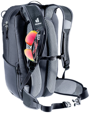 Sunglasses held in the glasses stow on the Deuter Race 16 shoulder strap