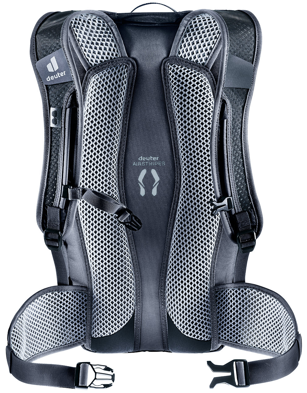 Back of the Deuter Race 16 showing Airstripes padding, mesh straps and mesh hip fins