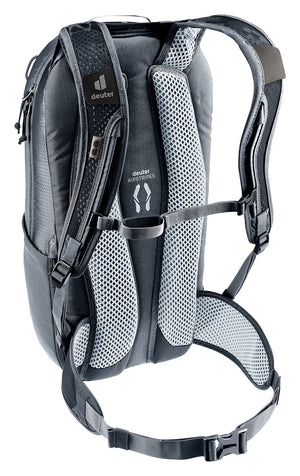 Deuter Race 16 rear three-quarter view of the mesh shoulder straps and sternum strap
