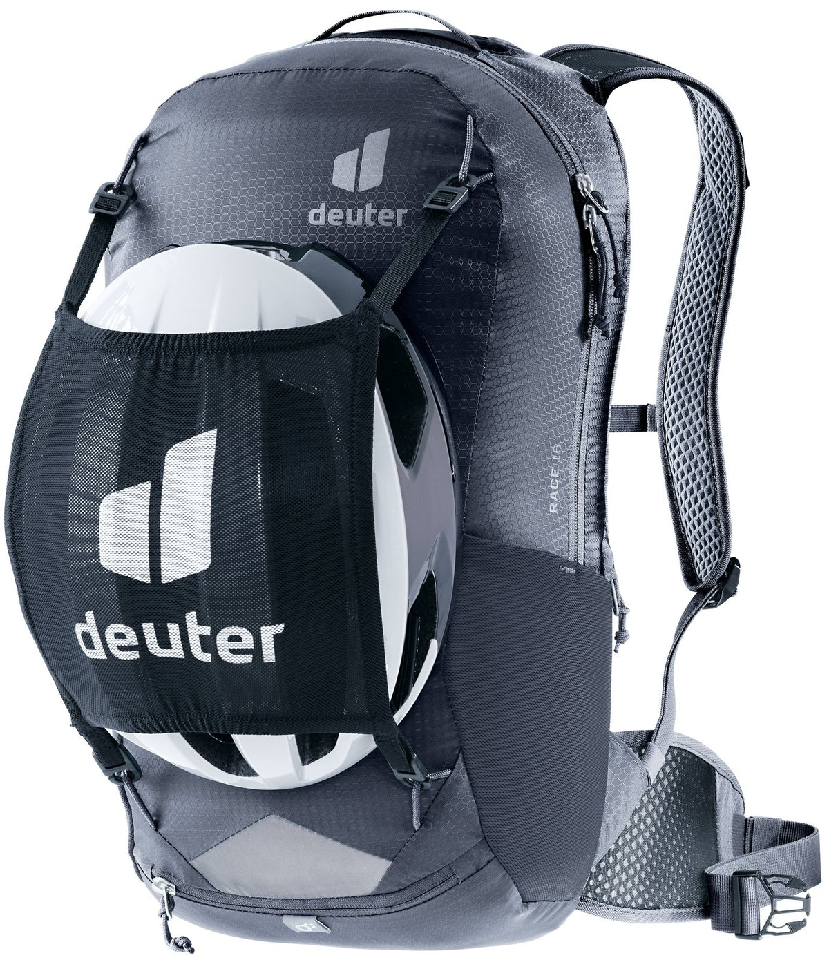 Deuter Race 16 carrying a helmet in a Deuter mesh helmet holder, sold separately