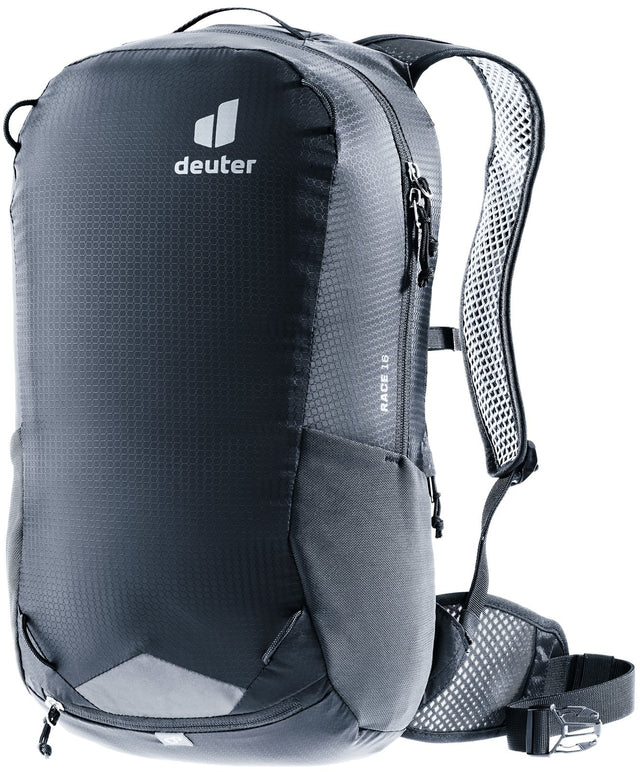 Deuter Race 16 cycling backpack in Black, front three-quarter view with reflective patch