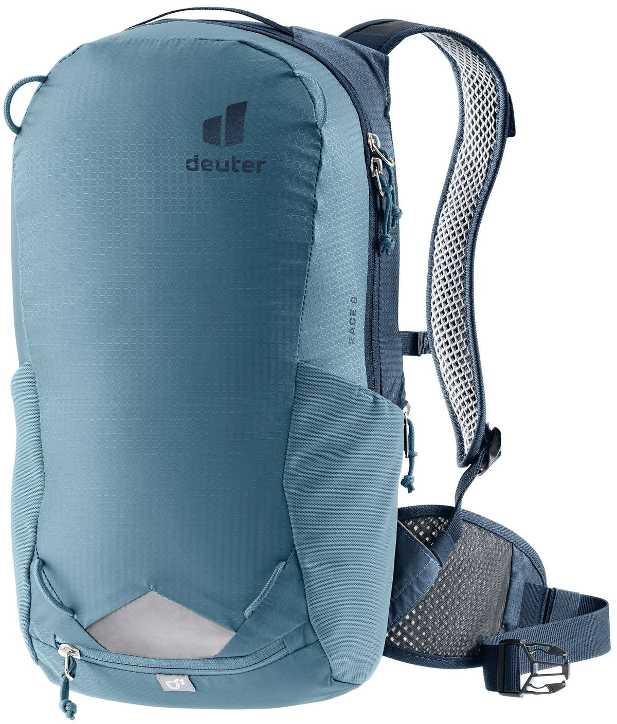 Deuter Race 8 in Atlantic Ink, slate blue bike pack with navy harness