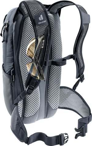 Deuter Race 8 with sunglasses held in the glasses stow on the shoulder strap