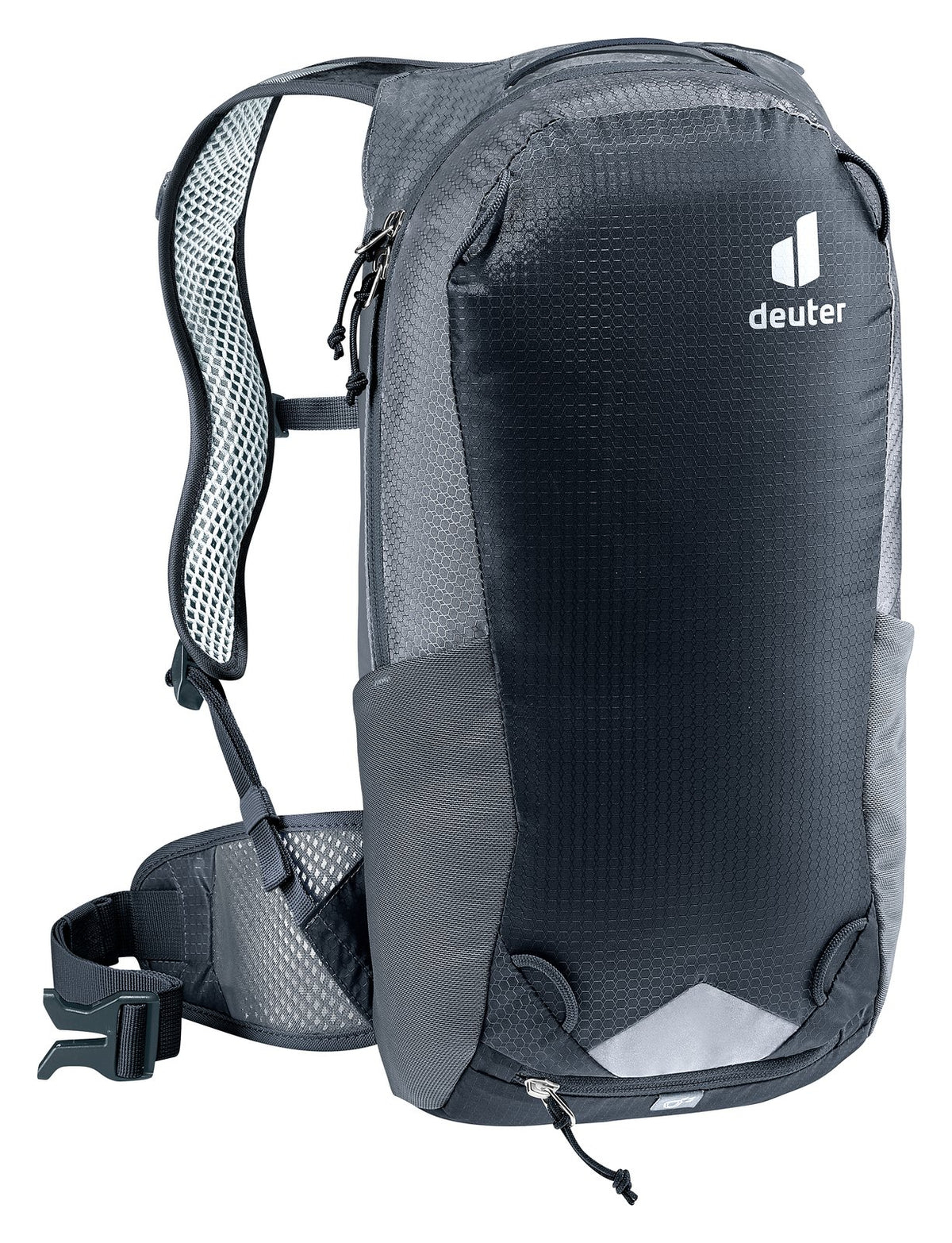 Deuter Race 8 in Black, side three-quarter view of the shoulder strap