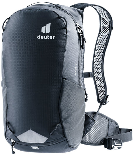 Deuter Race 8 bike backpack in Black, front three-quarter view with reflective patch