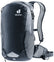 Deuter Race 8 bike backpack in Black, front three-quarter view with reflective patch