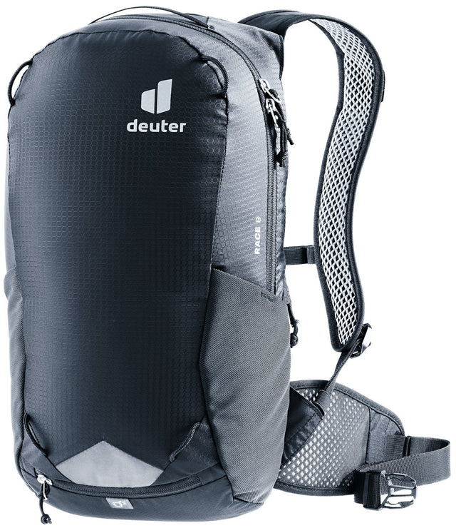 Deuter Race 8 bike backpack in Black, front three-quarter view with reflective patch