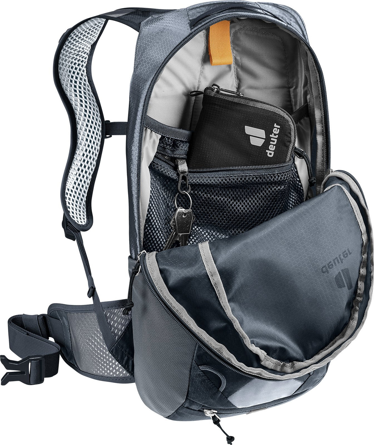 Deuter Race 8 main compartment open, showing a wallet, key clip and mesh pocket