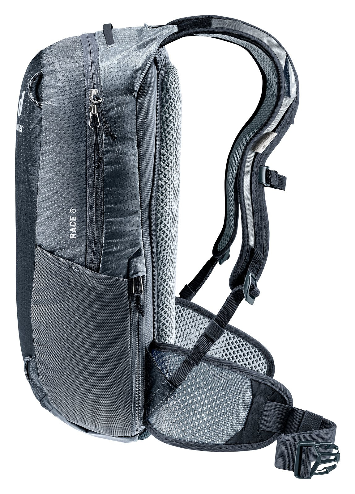 Deuter Race 8 side view of the harness and hip fin