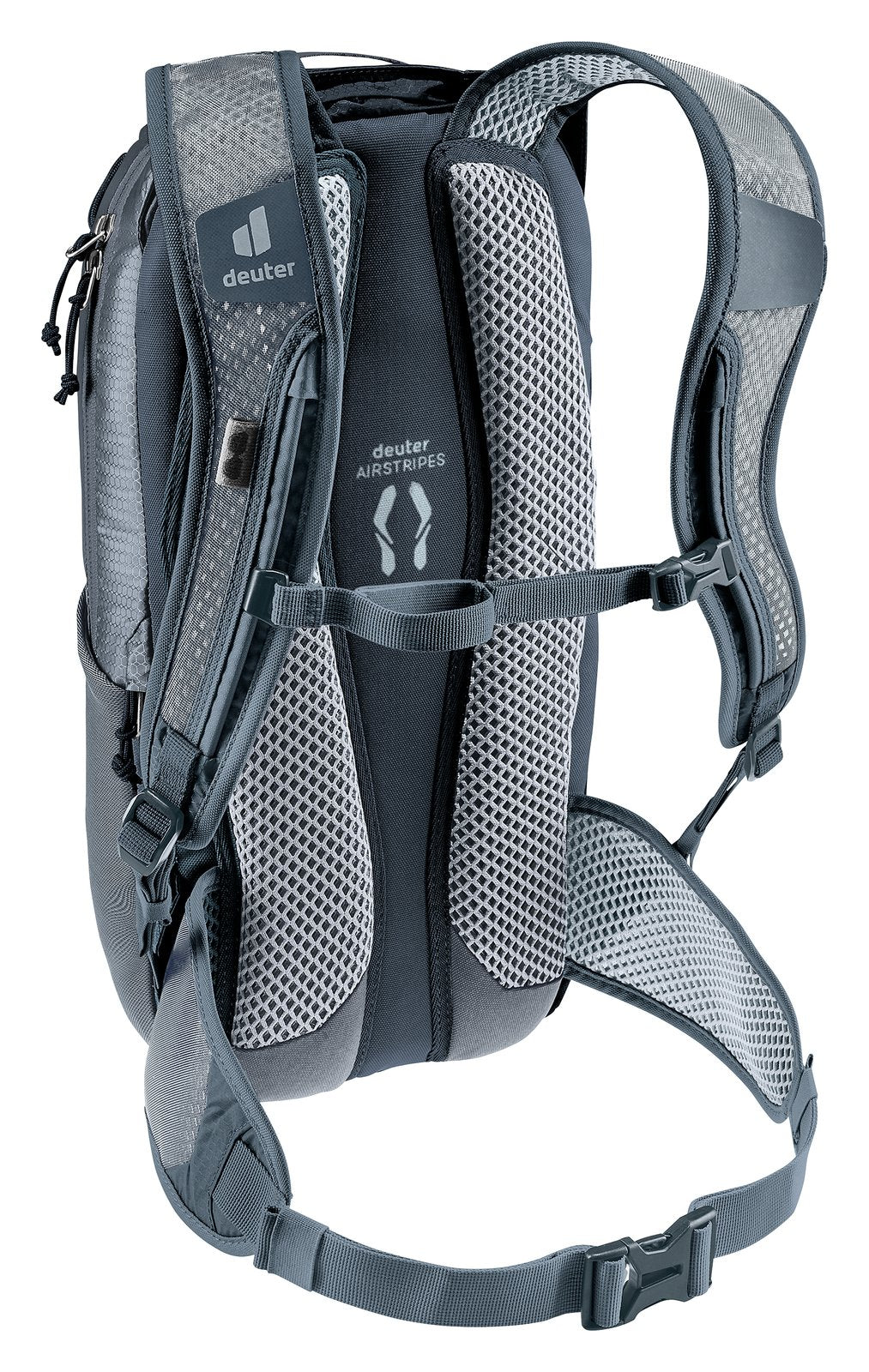 Deuter Race 8 rear three-quarter view of the mesh shoulder straps and sternum strap