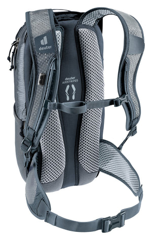 Deuter Race 8 rear three-quarter view of the mesh shoulder straps and sternum strap