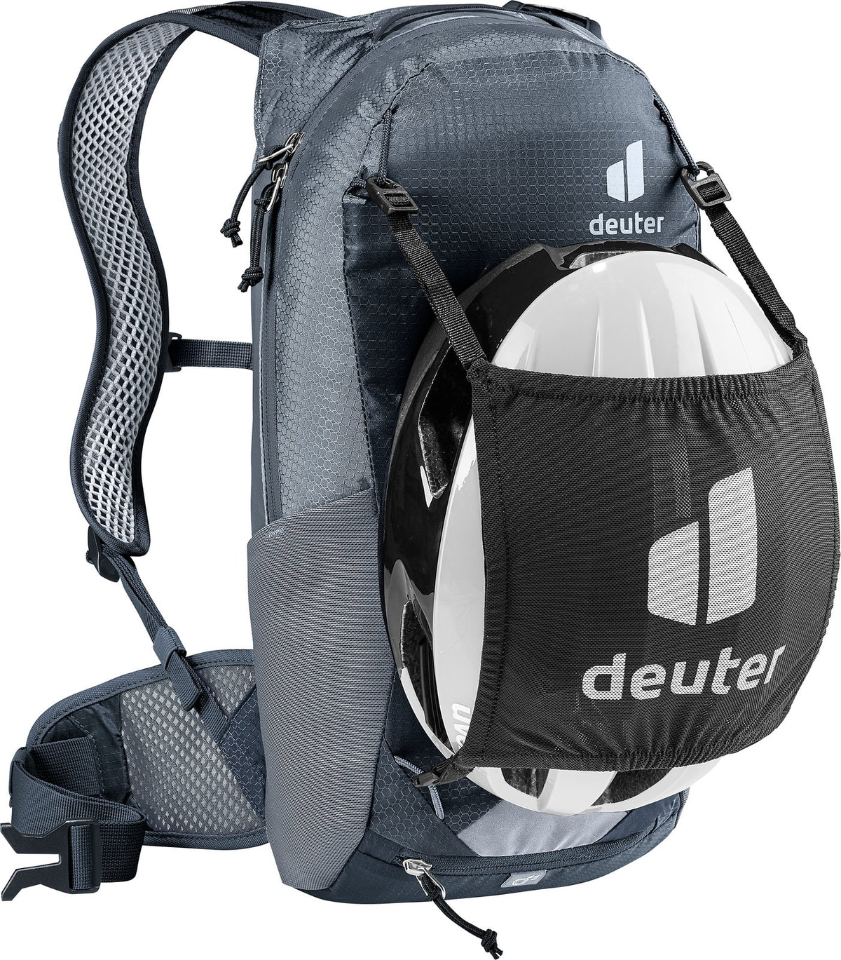 Deuter Race 8 carrying a bike helmet in a mesh helmet holder, sold separately