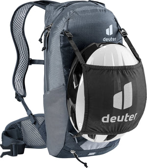 Deuter Race 8 carrying a bike helmet in a mesh helmet holder, sold separately